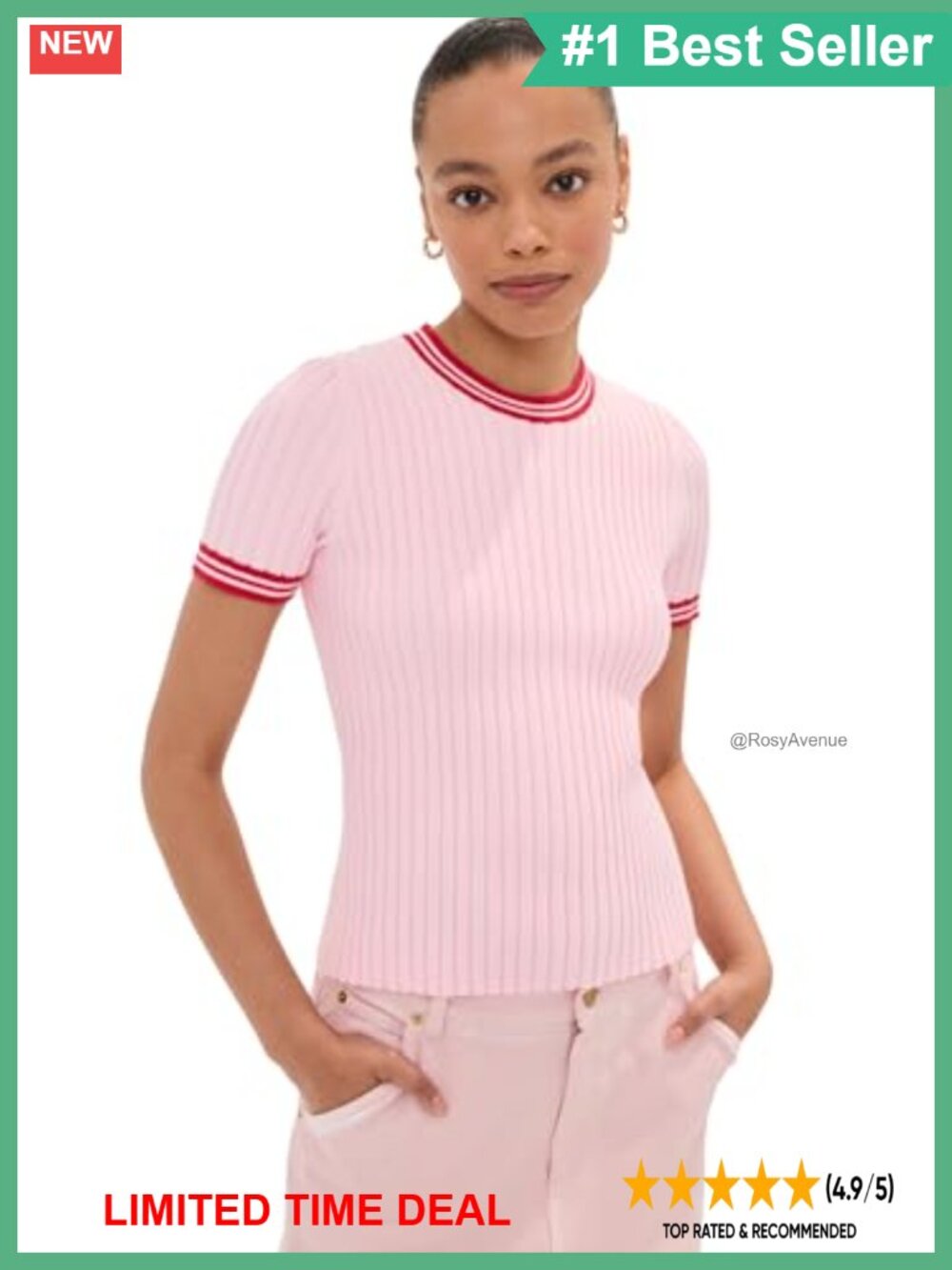 Slim Fit Ribbed Knit Ringer Tee Crew Neck Short Sleeve T-Shirt